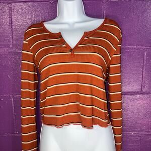 90s Y2K Rust Striped Ribbed Henley Long Sleeve Crop Top Skater Style Size Small